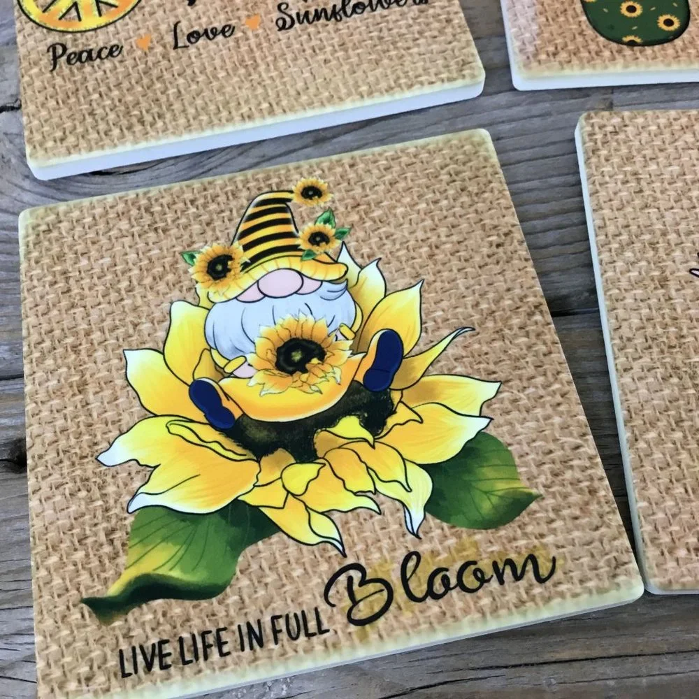 Sunflower Gnome Sandstone Coasters Set of 4